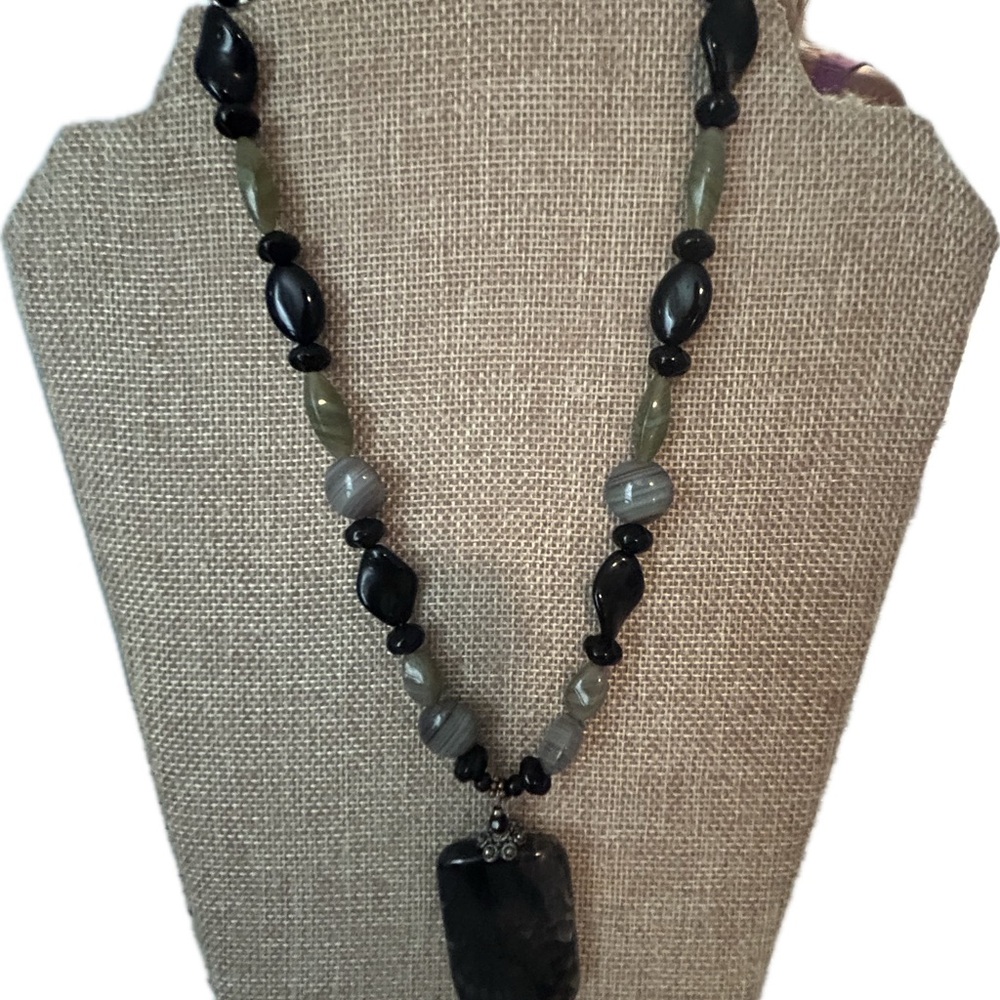 Elegant Black, Gray & Green Beaded Necklace